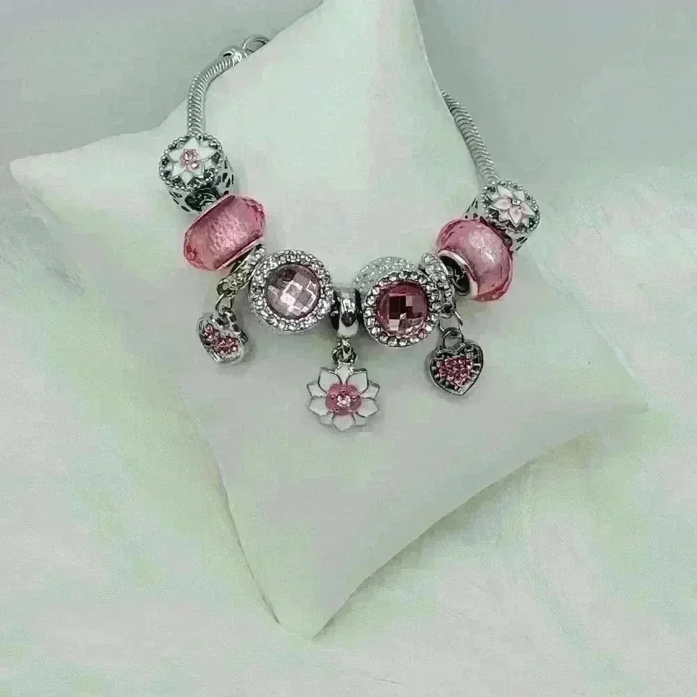 Pink Flower Pendant Charm Bracelet